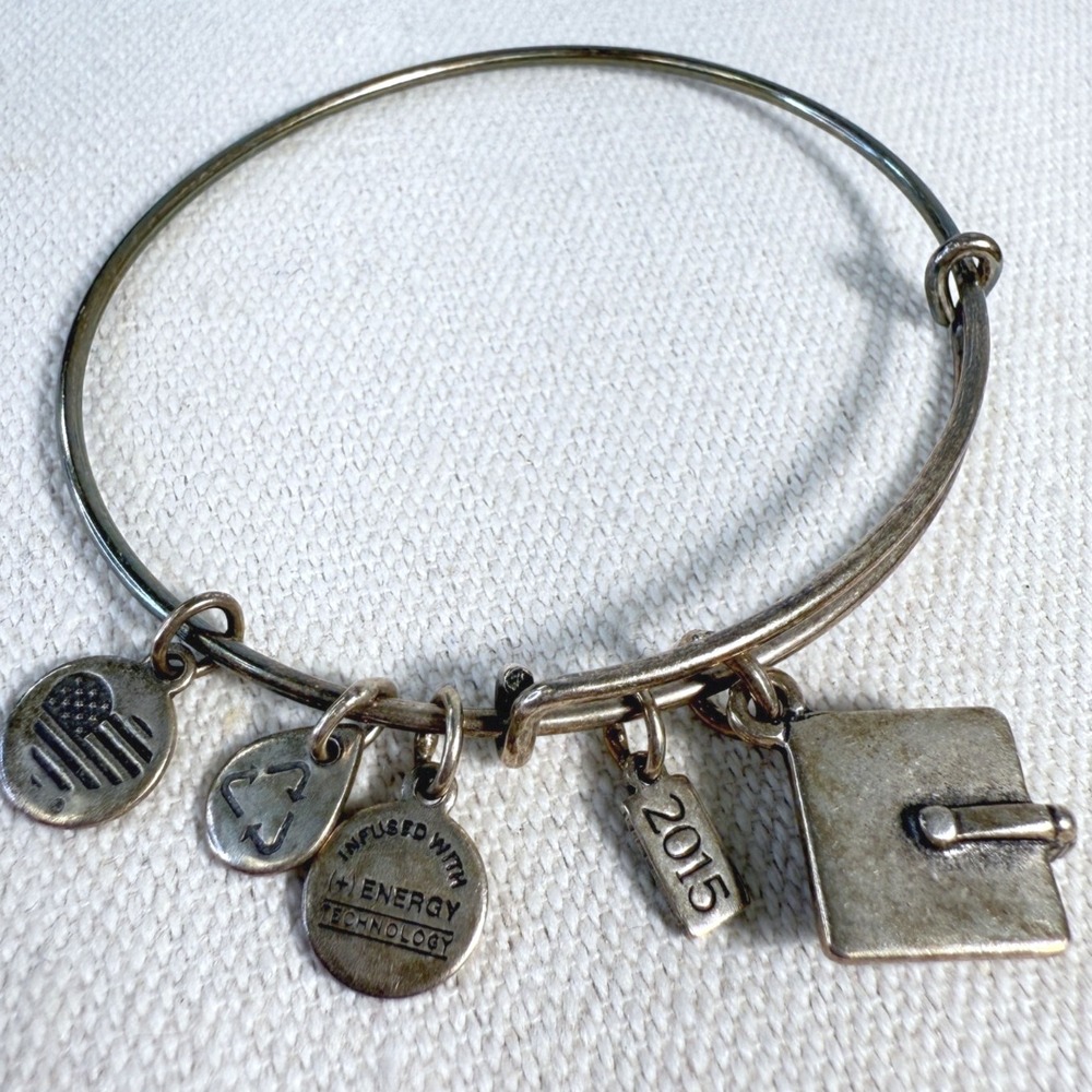 Alex & Ani 2015 Graduation Cap Bracelet Expandable Charm Bangle Silver Tone‎